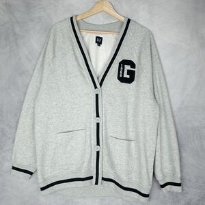 GAP Varsity Cardigan Sweater Womens Medium Heather Gray 1969 Patch Relaxed Fit
